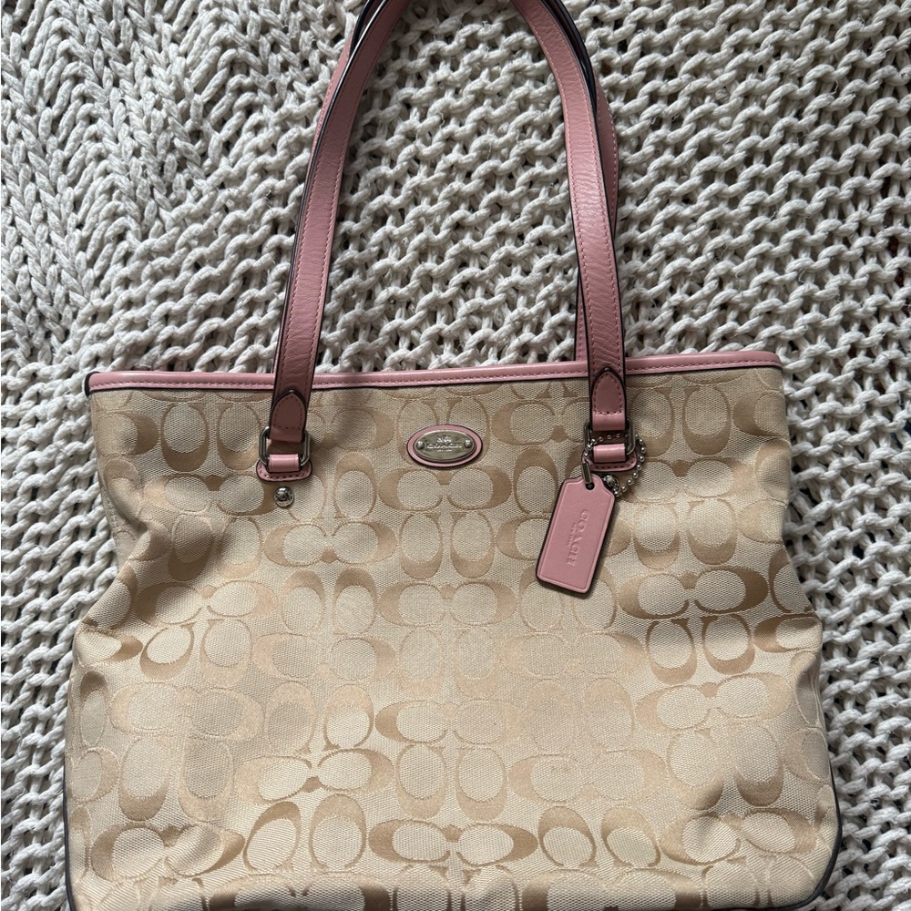 Coach Tan and Pink Signature Tote Bag
